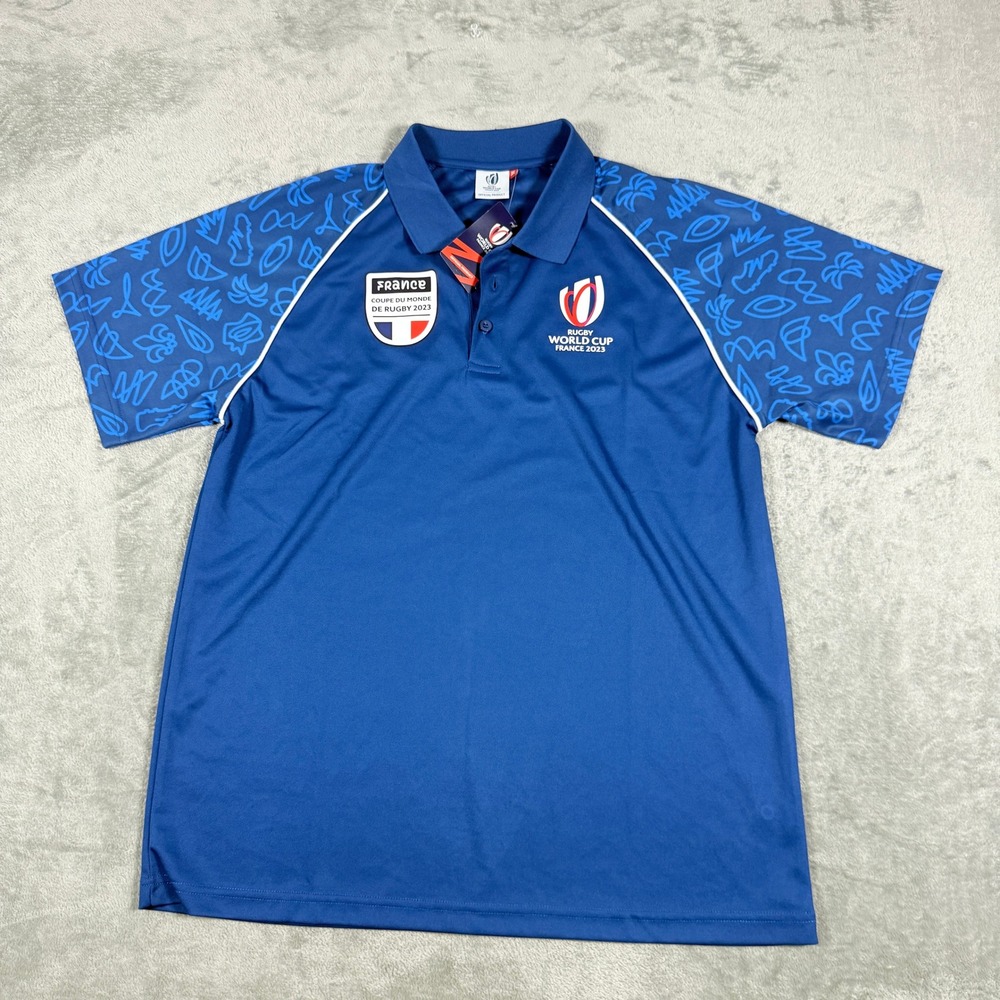 Rugby World Cup Mens XL Polo Shirt France 2023 Blue Graphic Sleeve